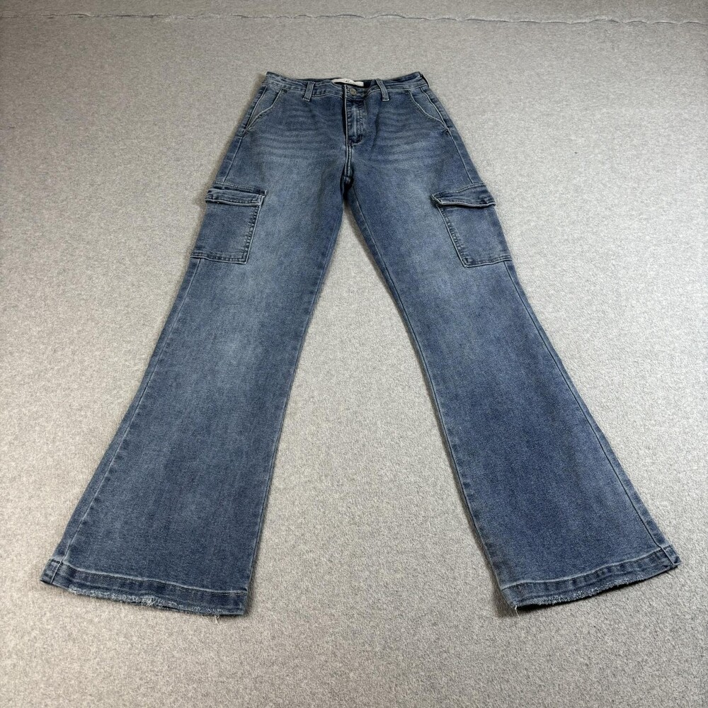 KanCan Jeans 3/25 Blue Med Wash High Rise Flare Bootcut Cargo Denim Stretch